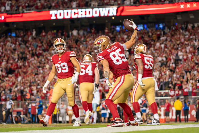 October 8, 2023; Santa Clara, California, USA; San Francisco 49ers tight end George Kittle (85) celebrates after scoring a touchdown against the Dallas Cowboys during the third quarter at Levi's Stadium. Mandatory Credit: Kyle Terada-USA TODAY Sports